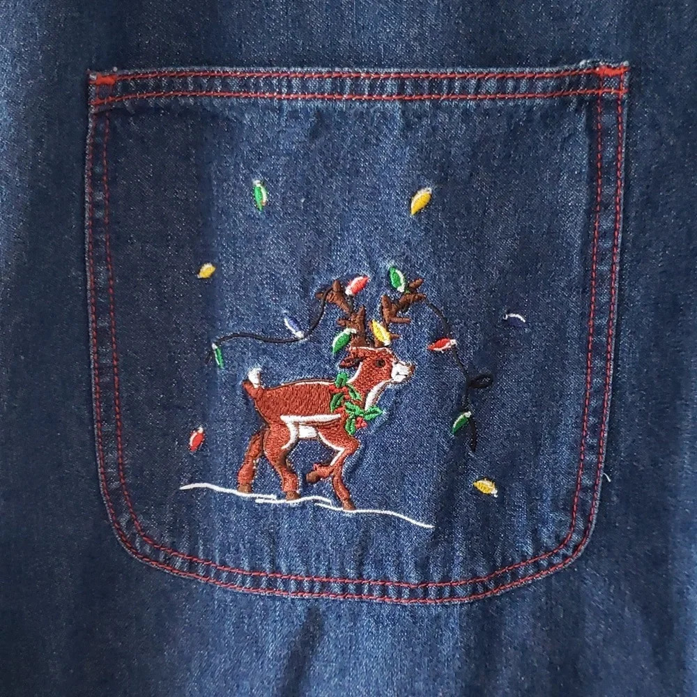 TY Original Wear VTG Denim Embroidered Sleeveless Jumper Dress Women 10 Reindeer - Picture 4 of 11